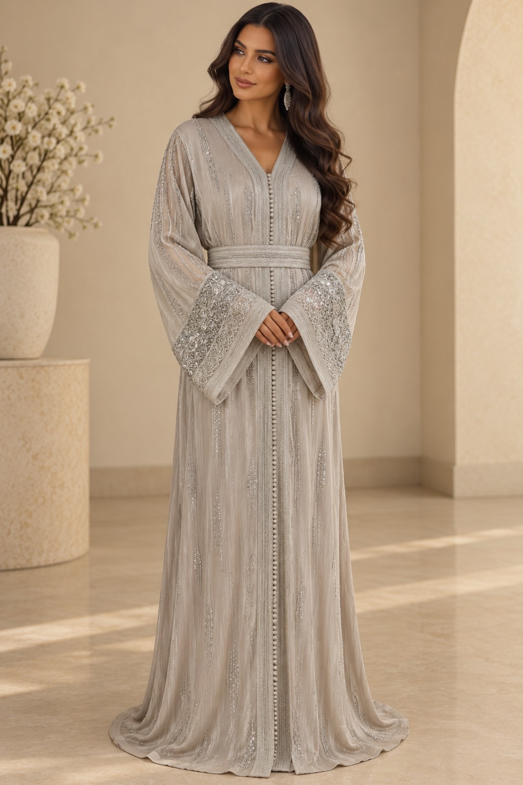 Asmae: zilvergrijze kaftan met glinsterend borduursel op de mouwen