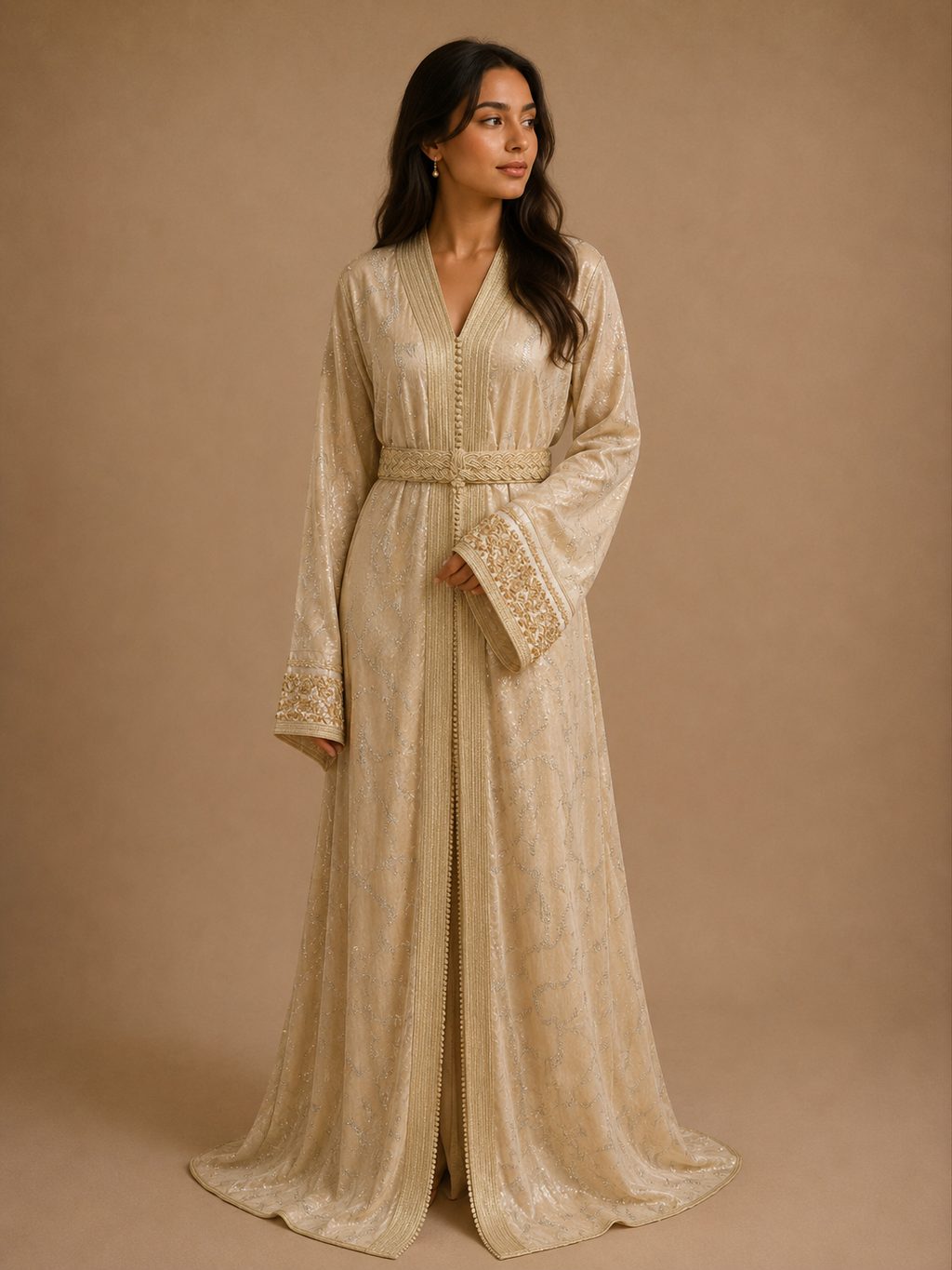 Halima: champagne takchita met gouden riem
