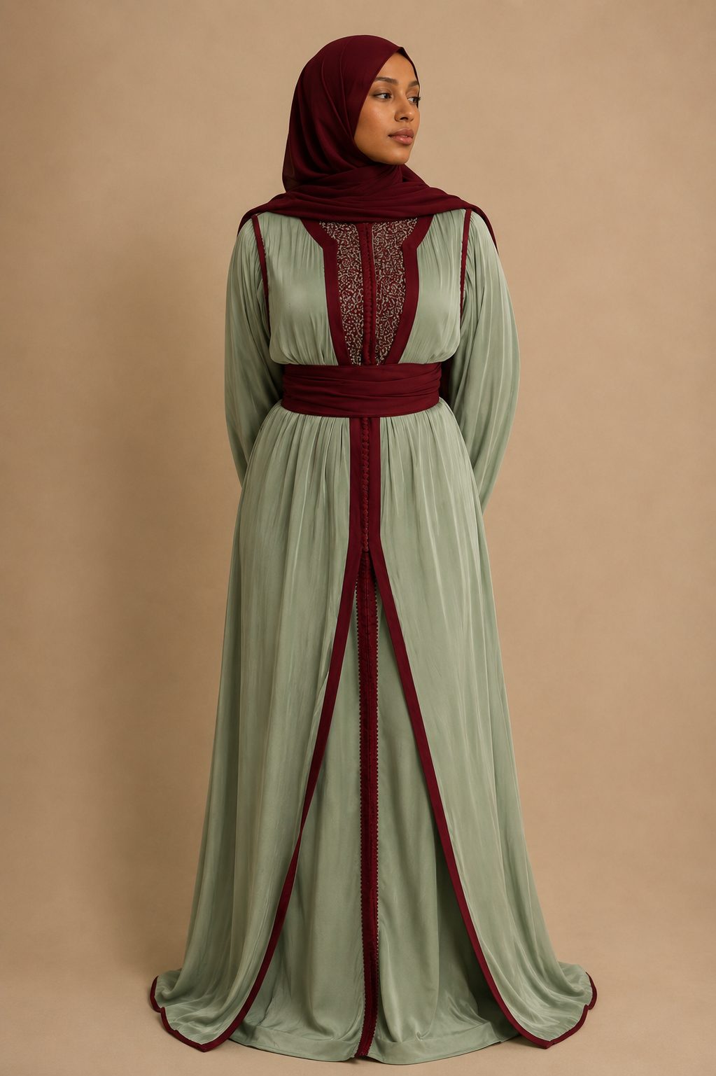 Hind: mintgroene takchita met bordeaux afwerking