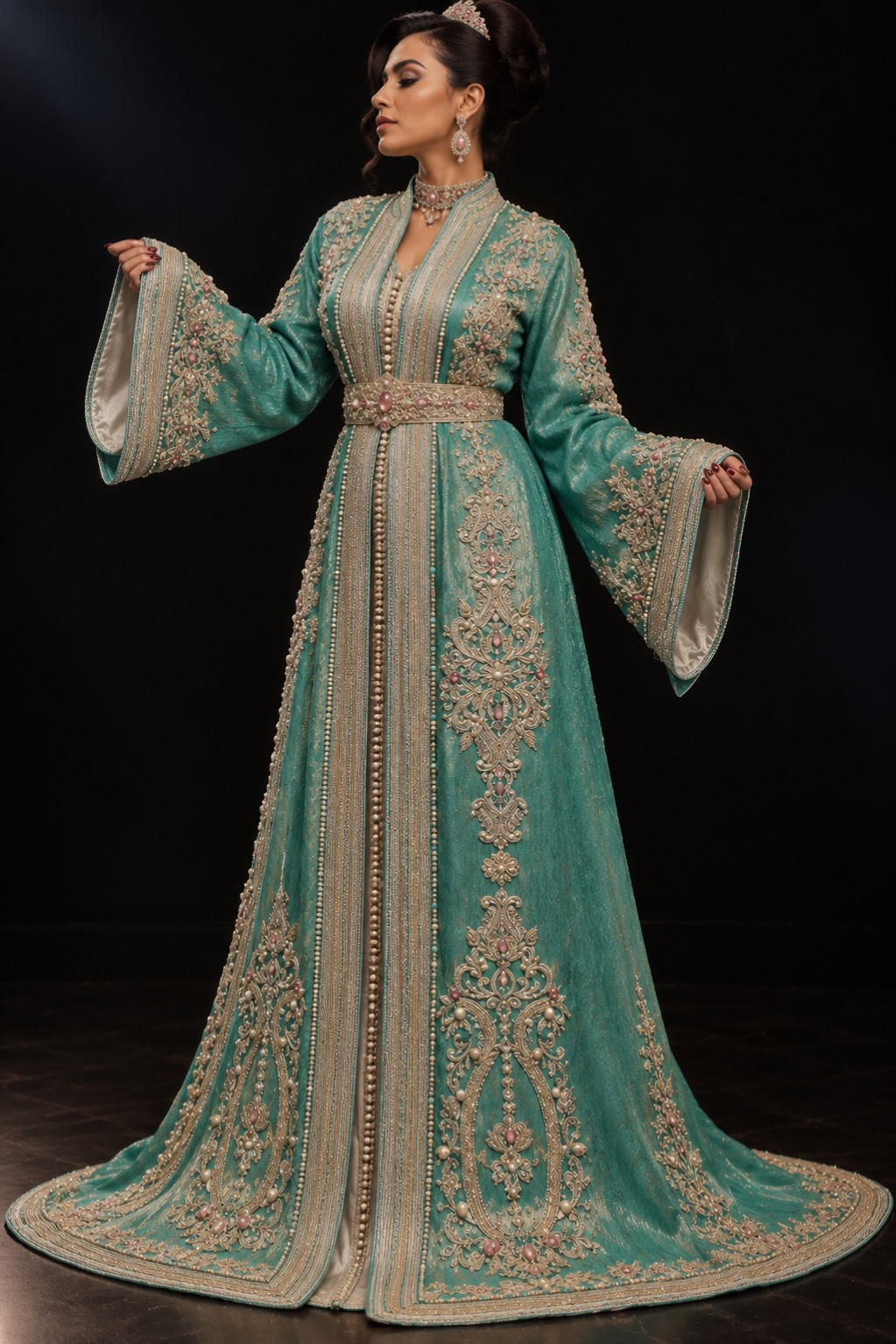 Kawtar: turquoise takchita met goud- en parelborduursel