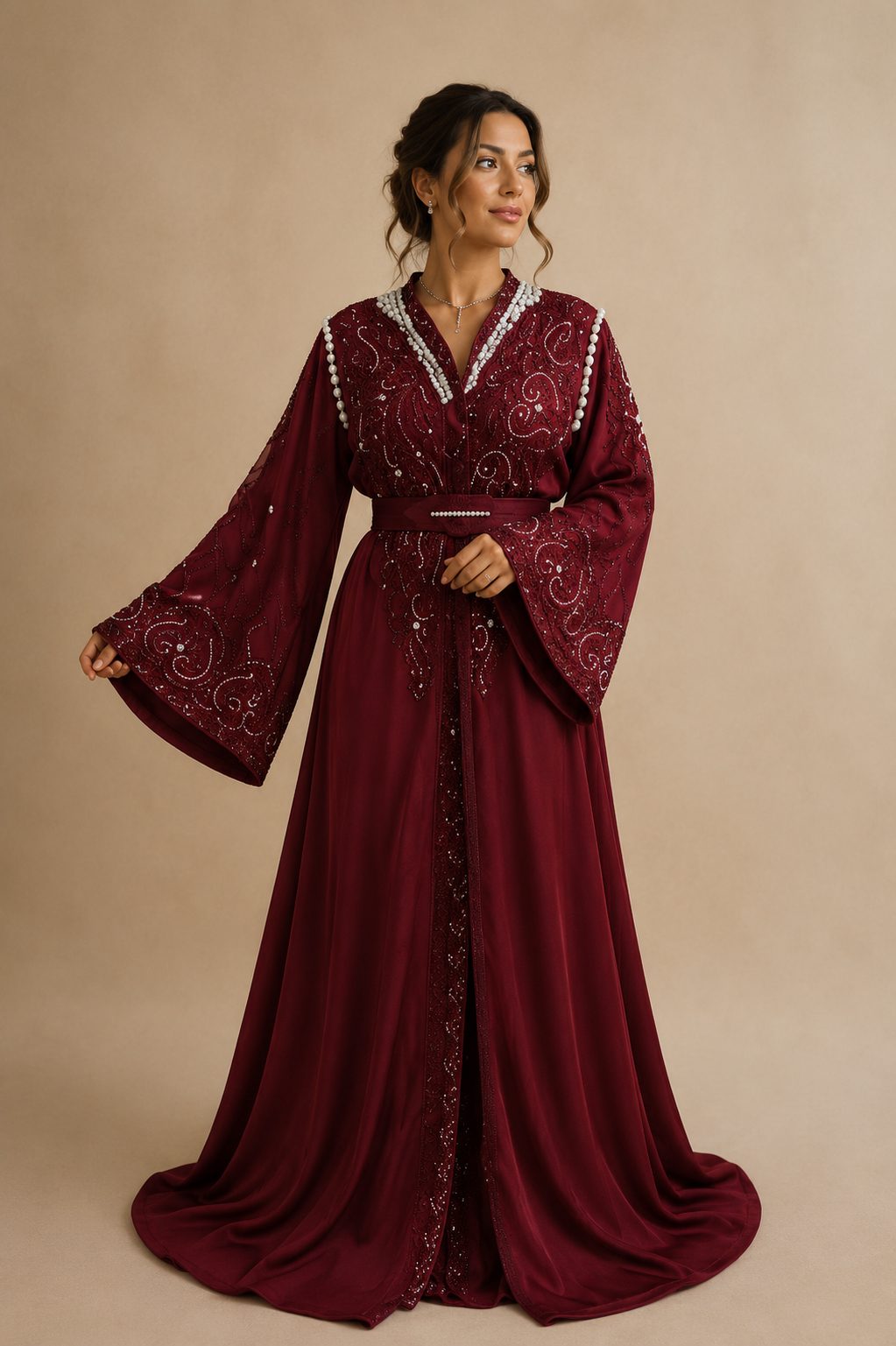 Nadia: bordeaux kaftan met zilverwit borduursel
