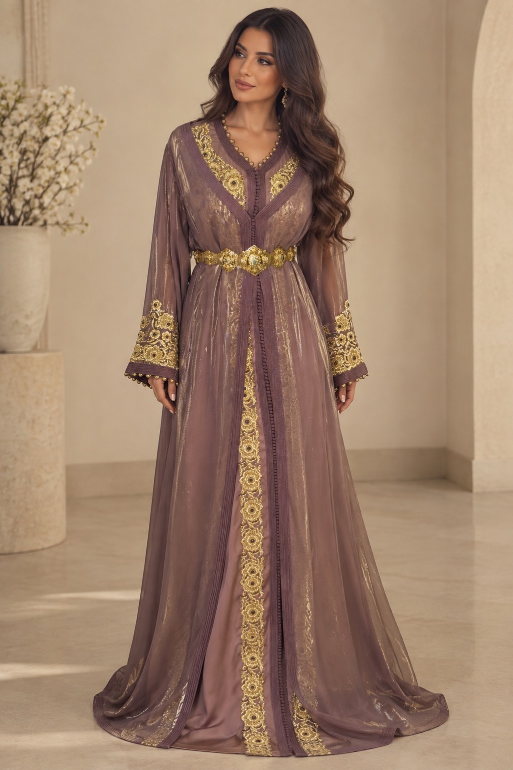 Samira: mauve takchita met goudborduursel en gouden riem