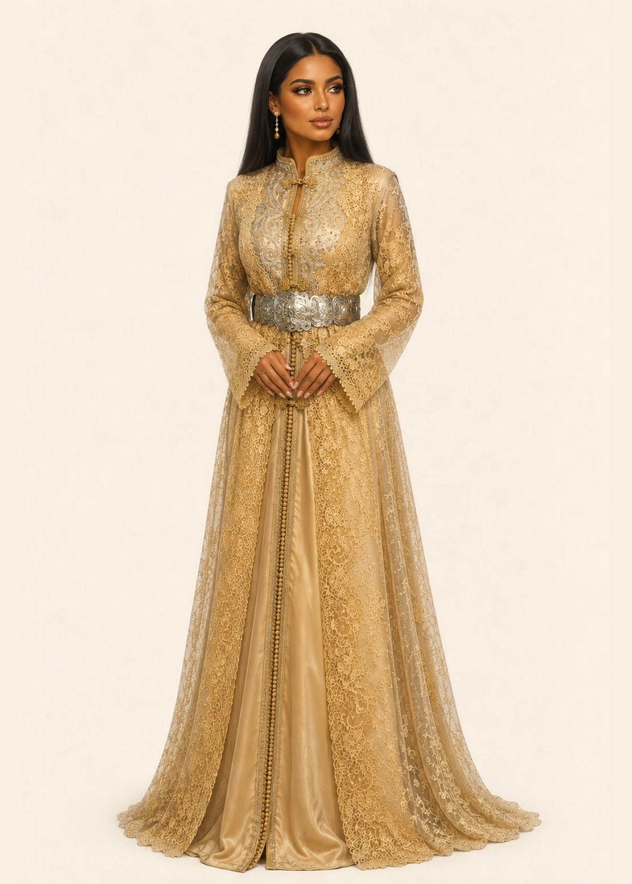 Illustratie van Wafae's kaftan in goudkant met zilveren riem