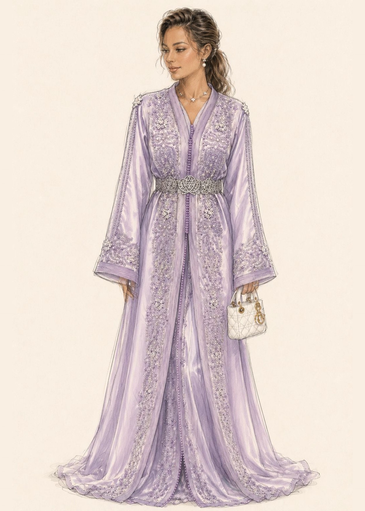 Illustratie van Wafae's kaftan in lila met parels